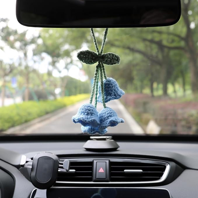 Lily Flower Handmade Knitted Car Mirror Hanging Accessories, Rear Riew Mirror Accessories Car Decorations for Women Men