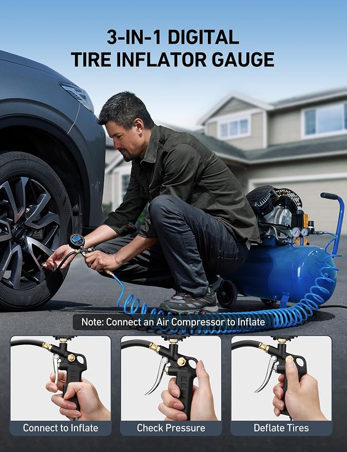 Digital Tire Pressure Gauge with Inflator, 3-250 PSI Air Chuck & Compressor Accessories Heavy Duty with Quick Connect Coupler, 0.1 Display Resolution, 1Pack Standard