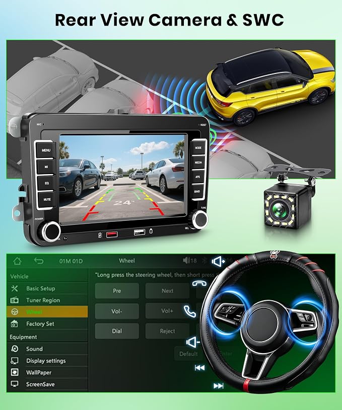 Double Din Car Stereo Wireless Carplay Android Auto for VW Passat Golf MK5 MK6 Jetta T5 EOS Seat Sharan, 7'' Car Radio IPS Screen GPS Bluetooth FM/AM/RDS EQ SWC Backup Camera Dual USB Ports