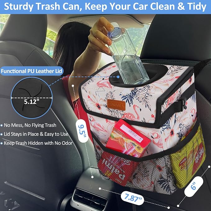 Car Trash Can Bin for Back Seat Leak Proof, Cute Car Trash Bag Hanging, Vehicle Trash Can for SUV Truck Van, Automotive Garbage Cans Front Seat Flamingos, 2 Gallons