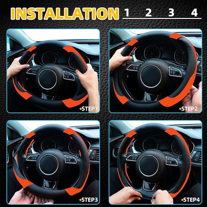 Orange Steering Wheel Cover Microfiber Leather Sporty Car Accessories for Men and Women,Breathable Non-Slip Universal Fit 14 1/2-15 Inch(Black and Orange)