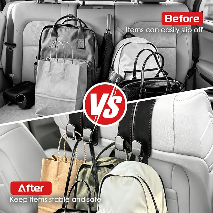 Car Headrest Hook, Car Seat Headrest Hooks and Purse Hook for Car, Leather Seat Back Organizer with Phone Holder, Universal Hidden Storage for SUV/Truck (Rose Red-2Pack)