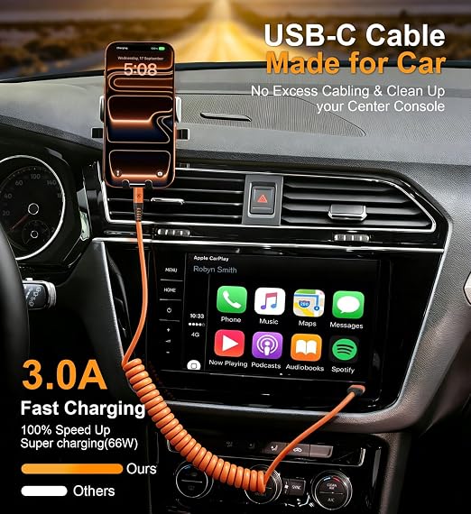 Coiled USB A to USB C Cable for Car [6FT, 2Pack], USB to USB C Cable Fast Charging 60W, USB Type C Cable iPhone Charger USBC Cord for iPhone 17/16/15/Pro Max/Plus/Samsung Galaxy S26/S25/Ultra-Orange