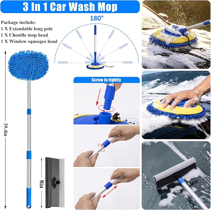 Car Wash Detailing Kit Cleaning Set with Foam Gun Sprayer, Long-Handle Brush, Large Wash Mitt, Towels, Complete Interior & Exterior Car Washing Supply Set (Blue)