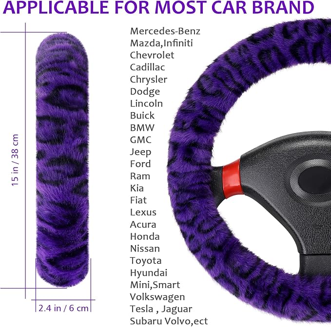 Fuzzy Car Steering Wheel Cover, Universal Fit Fur Car Wheel Cover & Handbrake Cover & Gear Shift Cover Set, Fluffy Fashion Leopard Print Auto Steering Wheel Protector for Women Girls(Purple)