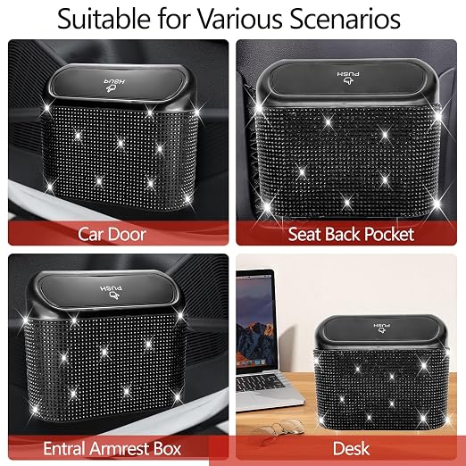 Bling Car Trash Can with Lid - 2 Pack, Mini Auto Garbage Can with 60 Trash Bags, Automotive Garbage Container Bin, Bling Car Accessories Trash Can for Women (Black Diamond)