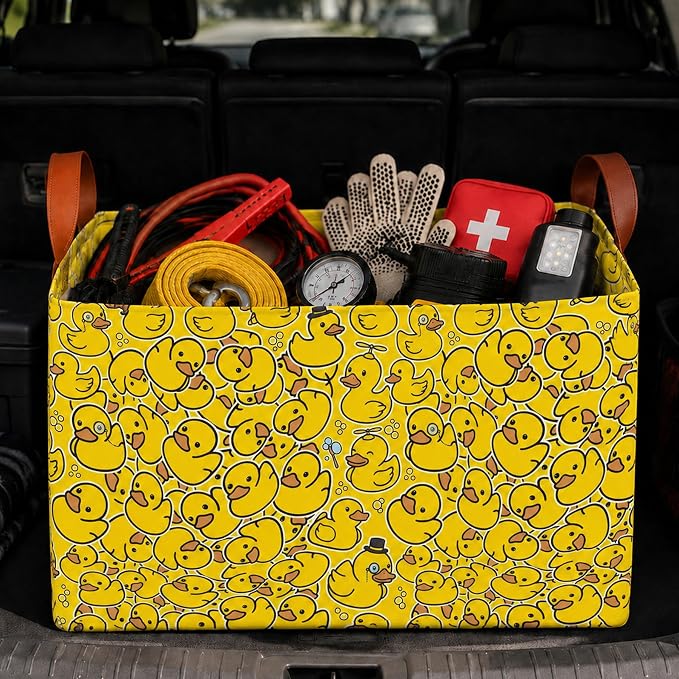 Duck Car Trunk Organizer,20L Collapsible Auto Storage Basket with Handles, Waterproof Reusable Shopping Grocery Bags for SUV,Truck, Yellow Duck Cars Boot Organizer Gifts for Women Men Drivers