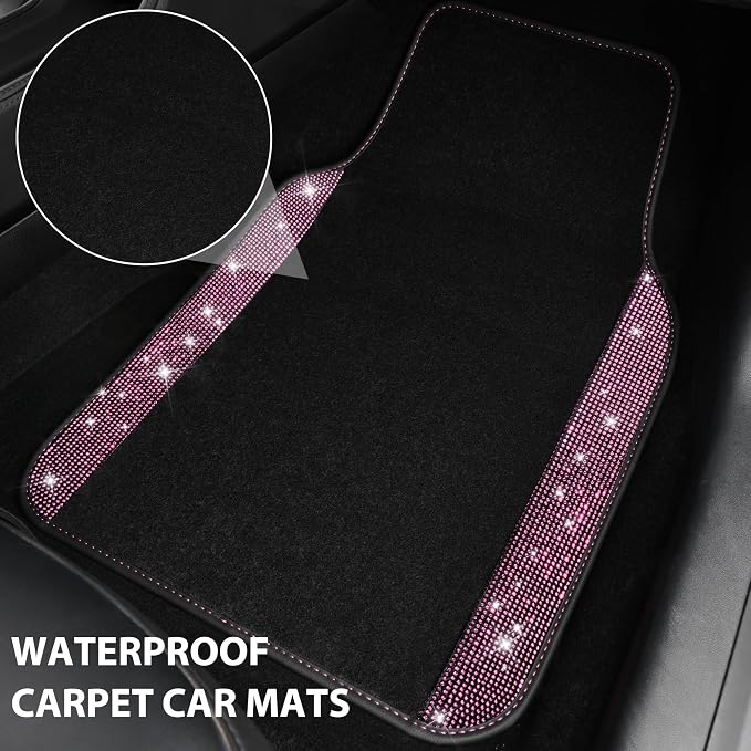 Bling Diamond Car Floor Mat Shining Rhinestones Carpet, Sparkly Glitter Crystal Anti-Slip PVC Heel Pad Automotive Universal Fit for SUV Sedan Car Van, 4pcs for Girl Cute Women, Black Pink
