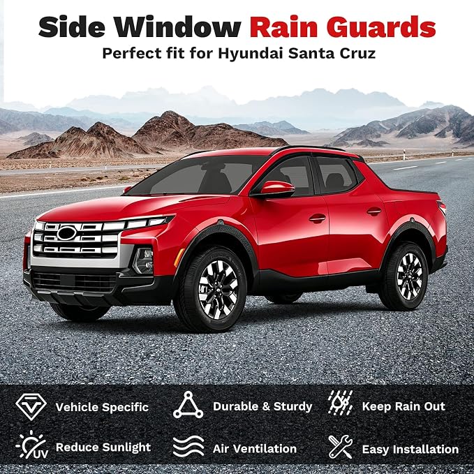 Santa Cruz Rain Guards - Window Visors for Hyundai Santa Cruz 2022-2025 2026, Outside-Mount Tape-On Side Window Wind Deflectors for Santa Cruz Accessories, Vent Visors Shades Rainproof 4PCS