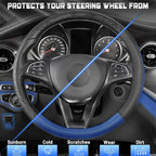 Car Steering Wheel Cover Universal Standard Size 14.5-15 inch, Black and Blue Microfiber Leather