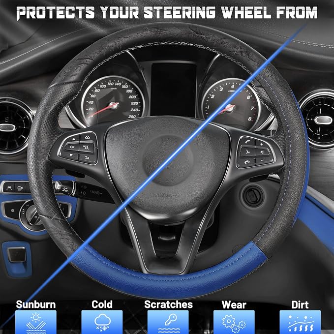 Car Steering Wheel Cover Universal Standard Size 14.5-15 inch, Black and Blue Microfiber Leather