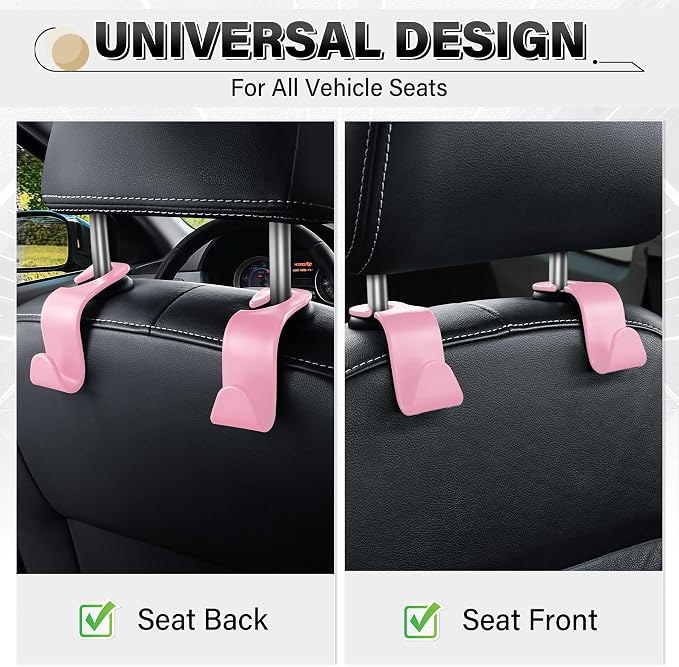 4 Pack Car Seat Headrest Hooks, Vehicle Back Seat Hanger Storage Organizer for Purse Handbag Backpack Coat Grocery, 360° Rotating Heavy Duty Holds 44lbs, Pink