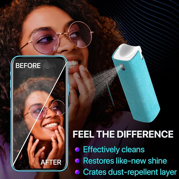 Mini Screen Cleaner Spray – Finger Proof Screen Cleaner for Smartphones, iPads, MacBooks, Laptops, Car Screens, Touchscreens – 3in1 Mist Cleaner, Microfiber Cloth and Protective Cover (Khaki)