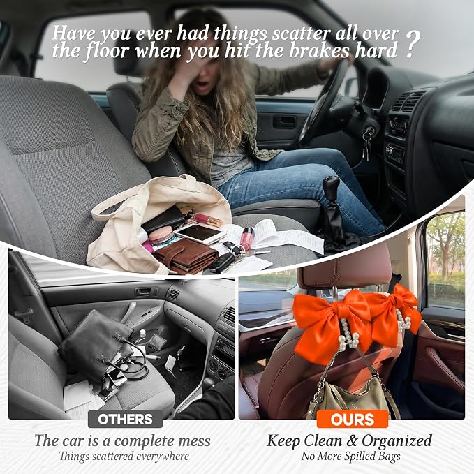 2PCS Satin Bow Pearl Car Seat Headrest Hooks – Car Bag Holder & Vehicle Hanger for Purses – Cute Coquette Aesthetic Interior Decoration – Cute Auto Organizer Accessories Universal (Orange)