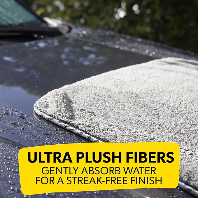 Woolly Mammoth Large Microfiber Drying Towel - 36 x 25 Inch Gray, Ultra Plush Super Absorbent Car Drying Towel for Cars, Trucks, SUVs, Motorcycles, RVs, and Auto Detailing