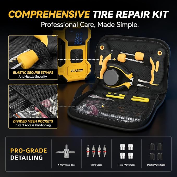 Flat Tire Repair Kit with Air Compressor, 150PSI Portable Air Pump with Auto-Stop & LED, Heavy Duty Tire Plug Kit for Car, SUV, Truck, Jeep, Motorcycle, Roadside Emergency Assistance (YELLOW)