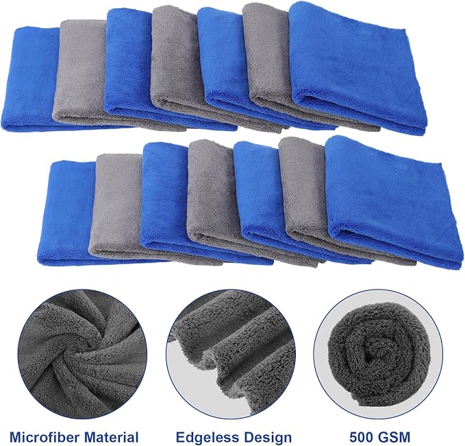 30 Pcs 16 x 16 Inch Edgeless Microfiber Plush Towels for Cars Detailing Drying Wash Polishing Absorbent Cleaning Cloths, 500 GSM (Blue, Gray)