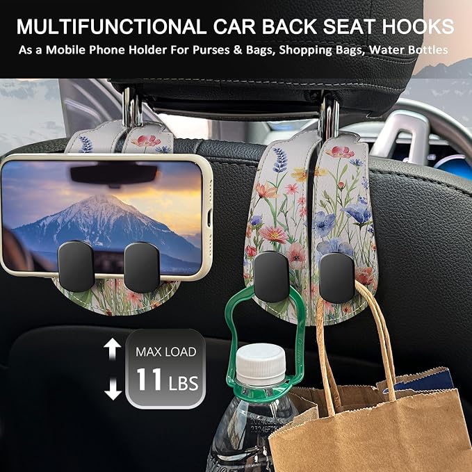 2PCS Car Seat Back Storage Headrest Hooks, Floral Flowers Purse Holder Bags Hanger, PU Leather Double Metal Hook for Backseat Organizer, Women Car Accessories Organization