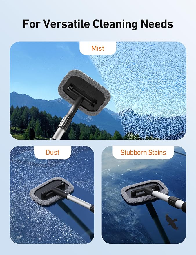 Windshield Cleaner, Microfiber Window Cleaner with 4 Reusable Washable Large Sponge Pads, Extendable 180° Rotating Handle, Fits Cars & SUVs, Includes Spray Bottle, Gray