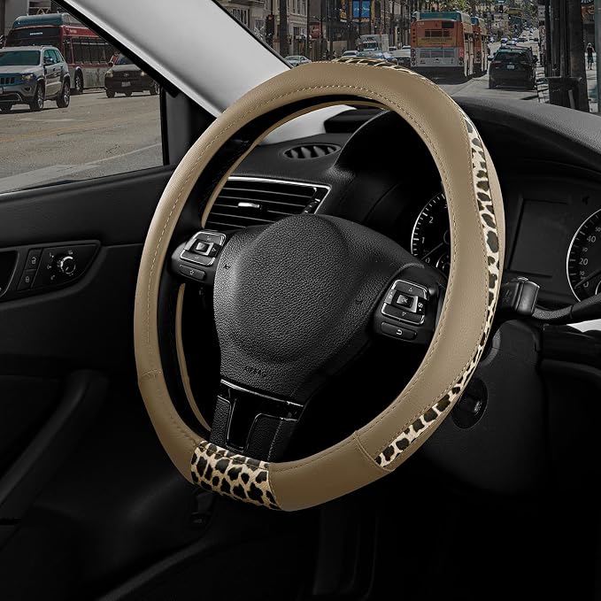 Steering Wheel Cover - Flat Bottom Wheel Cover Made with PVC Leather and Leopard Fabric - Universal Fit for 15-Inch D-Shaped Automotive Steering Wheels (Beige Color)