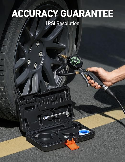 Tire Pressure Gauge with Inflator, 100 PSI-ANSI B40.1 Accurate, Large 2.5" Easy Read Glow Dial, Heavy Duty Air Chuck and Compressor Accessories for Truck, with Case