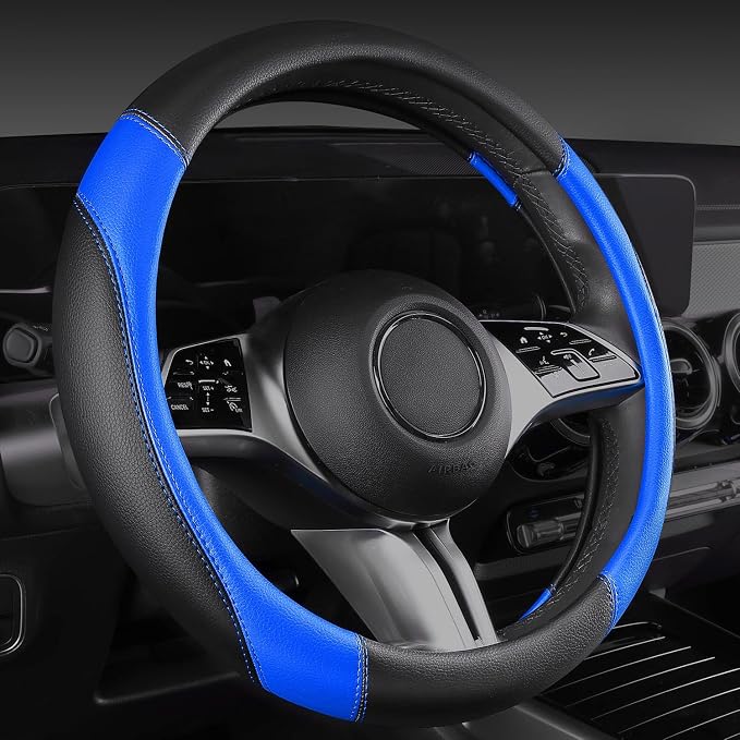 Faux Leather Steering Wheel Cover and Waterproof Car Floor Mats,Universal Car Combo Fit for 95% Sedan,SUV,Cars,14.5-15inch Sporty Anti-Slip Safety Comfortable Design(Black＆Bule)