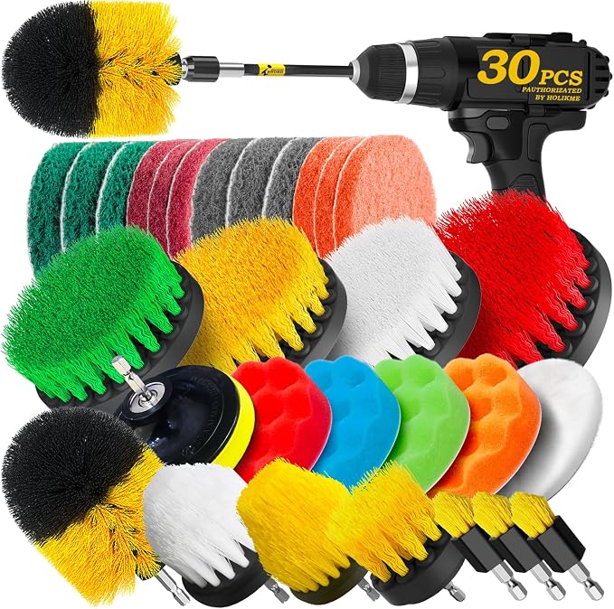 30Pack Drill Brush Attachments Set,Scrub Pads & Sponge, Power Scrubber Brush with Extend Long Attachment All Purpose Clean for Grout, Tiles, Sinks, Car Polishing Pads,Bristle Discs