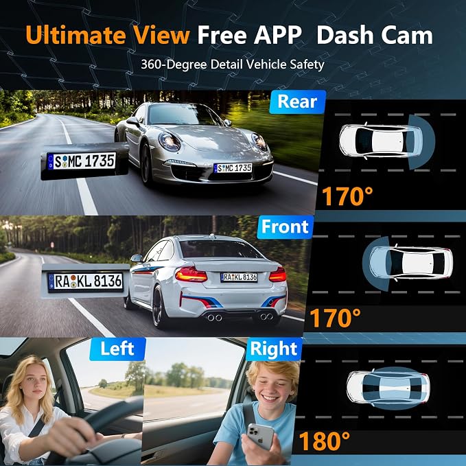 4 Channel Dash Cam Front and Rear Cabin, 360 Dash Camera, Night Vision 8 IR Lamps for Cars, 5G WiFi for Download, G-Sensor, 24H/7 Parking Mode with 64GB Card, Support 256 GB Max