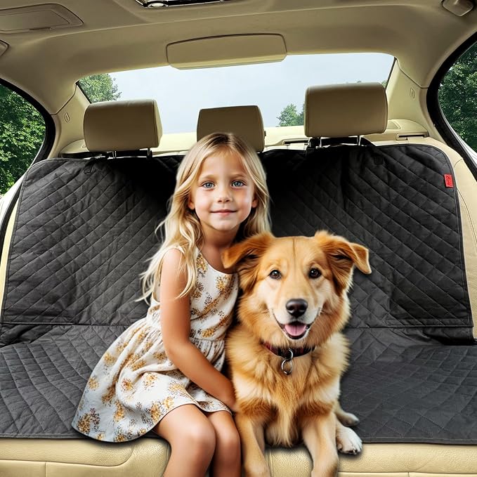 Dog Car Seat Cover, Back Seat Cover for Dogs Pet Car Seat Protector Waterproof Bench Car Seat Cover, Non-Slip Rear Seat Cover with 4 Safety Belt Openings for Safe Travel, Fits Cars Trucks SUVs