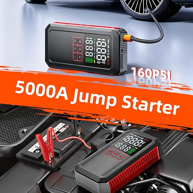 5000A Car Battery Jump Starter with Air Compressor 160PSI, Battery Jumper Starter Portable 7.0L Gas/6.0L Diesel, Jumper Cables, Car Battery Charger with Power Bank & Light, Roadside Emergency Kit