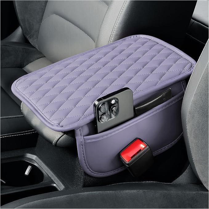 carleef Arm Rest Cover for Car,Leather+Memory Foam Center Console Cover with Storage Bags,Universal Middle Console Cover Car Accessories Interior for Most Cars Center Consoles (Purple)
