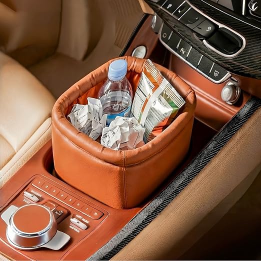 Leather Car Trash Can, Luxury Car Organizer, Leakproof Garbage Can for Car and Trucks, Orange