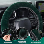 Furry Car Steering Wheel Cover with Gear Shift Cover, Soft and Warm, Cute Fluffy Auto Decor for Women Men, Standard Size, 2 PCS Set, Dark Green