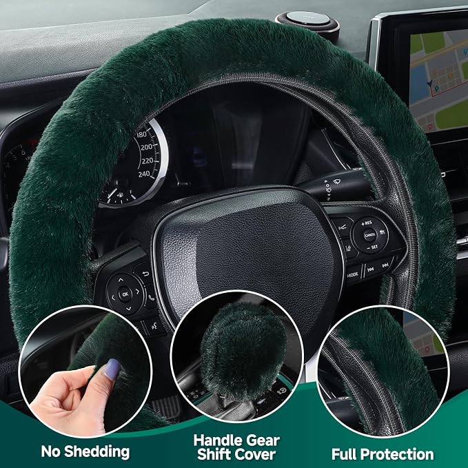 Furry Car Steering Wheel Cover with Gear Shift Cover, Soft and Warm, Cute Fluffy Auto Decor for Women Men, Standard Size, 2 PCS Set, Dark Green