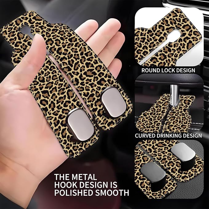 Purse Hook for Car Abstract Brown Leopard 1 Pack Headrest Back Seat Hook Premium Leather Double Metal Hanger Storage Pack Bag Purse Holder Car Accessories