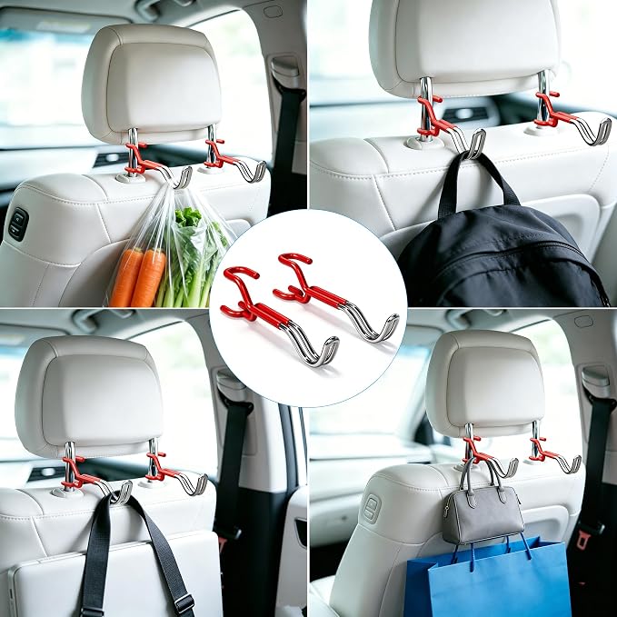 2-Pack 100LBS Hard Hat Holder, Red Silicone Metal Headrest Hooks | Non-slip,Good load-bearing structure, Universal Car Seat Back Organizer for Truck SUV Sedan, Multipurpose Storage
