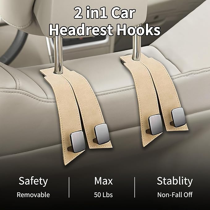 Suede Leather Headrest Hooks for Car, 2 Pack Double Seat Back Organizer Hooks for Purses & Bags, Heavy Duty Metal Car Purse Holder for Handbags, Grocery Bags, Universal Vehicle Storage Accessories