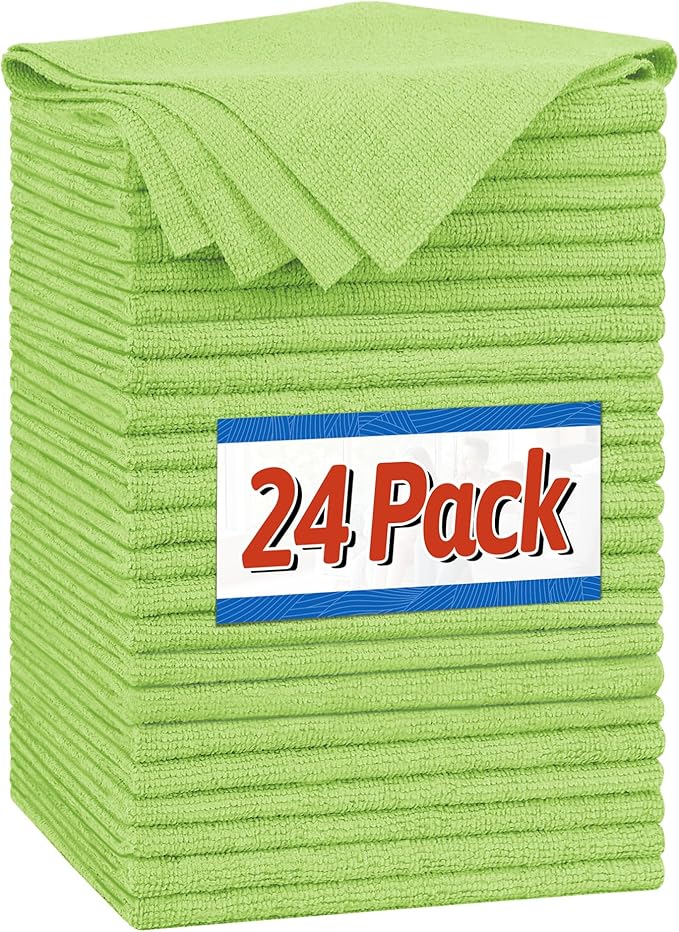 Microfiber Cleaning Cloth, Shop Towels Bulk, 24 Pack Green Microfiber Towels for Cars, All-Purpose Absorbent Cleaning Rags, Dust Cloth for Automotive, Mechanic, Garage, Bar, 12 x 11 inch
