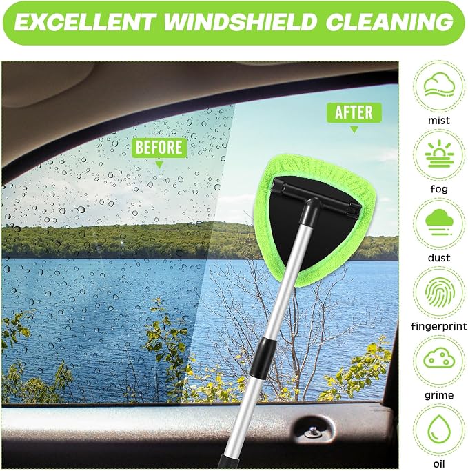 10 Pcs Windshield Cleaner Tool Car Window Cleaning Supplies with Extendable Handle Include 6 Washable Microfiber Bonnets 2 Empty 60ml Spray Bottle Glass Wiper Kit (Green)