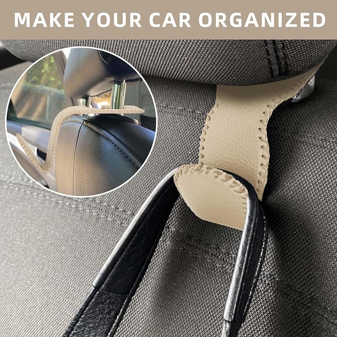 Car Purse and Coat Hanger - 2Pack Beige Leather Hooks for Hanging Purses, Bags and Coats