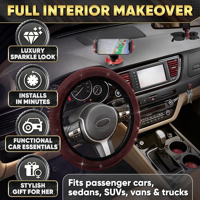 Red Bling Car Accessories Set, 27 Pieces Car Interior Set Including Steering Wheel Cover, Diamond License Plate Frame, Phone Holder, Coasters, Hooks, Great Gift for Women Drivers