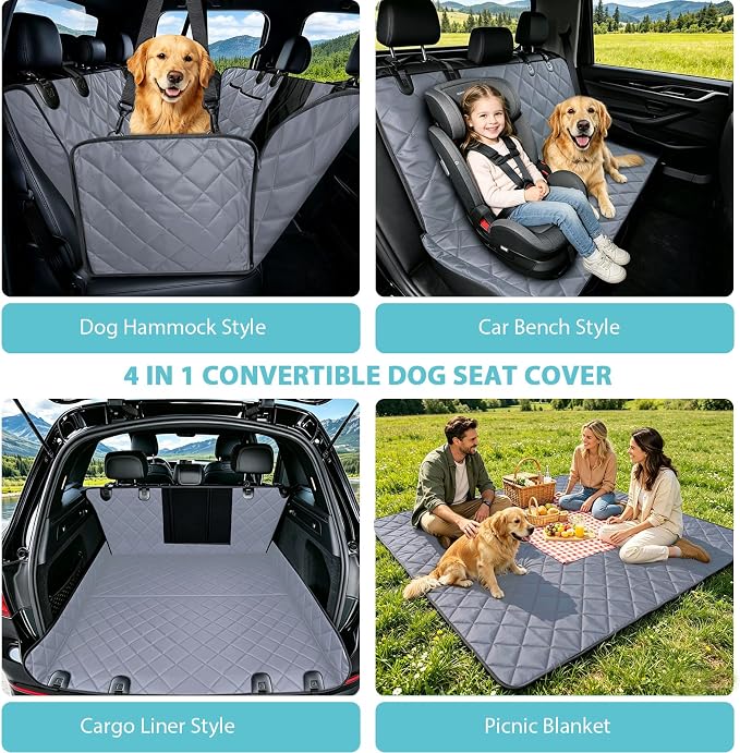 Truck Dog Seat Cover Back Seat | 100% Waterproof & Seat Belt | Pet Hammock for Car Rear Seat Protector with Mesh Window Fits Pickup Ford F-Series/Chevrolet Silverado/Ram/GMC Sierra etc(Gray)