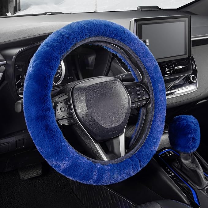 Furry Car Steering Wheel Cover with Fluffy Gear Shift Cover Soft Warm Non-Slip Car Decoration for Men Women Girls 2 PCS Set, Blue