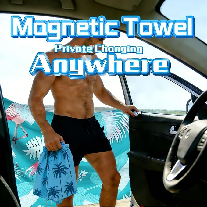 Magnetic Beach Towel | Extra Wide & Enhanced Magnet (75"x40"), Sand-Free Quick-Dry Microfiber for Car Door Changing, Beach, Pool | Includes Storage Bag, Travel & Camping (Flamingo Sky)