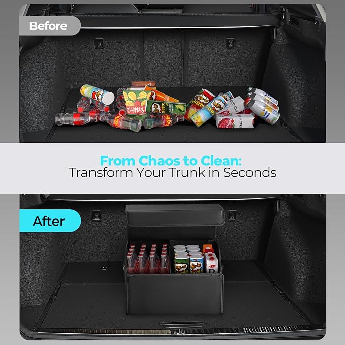 Car Trunk Organizer for SUV and Sedan, Black, 16.5 inches | Leather Storage Box, Magnetic Lid, Collapsible and Adjustable, Water‑Resistant & Dust‑Proof
