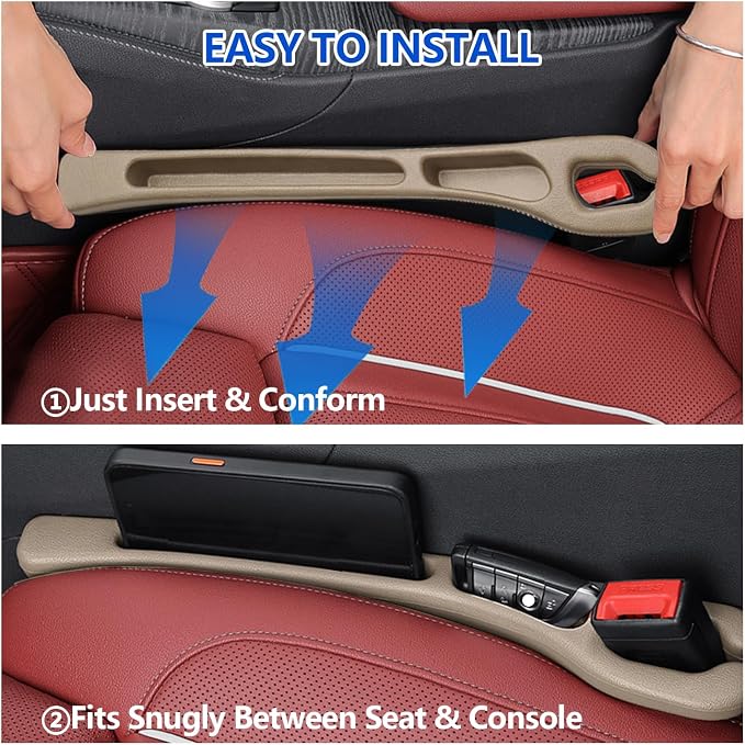 Car Seat Gap Filler Organizer 2Pcs,Car Accessories with Safety Hammer,2 in 1 No Drop Seat Guard with Storage Slot for Phone,Keys,Universal Interior Gap Filler for Cars SUV Truck,Beige