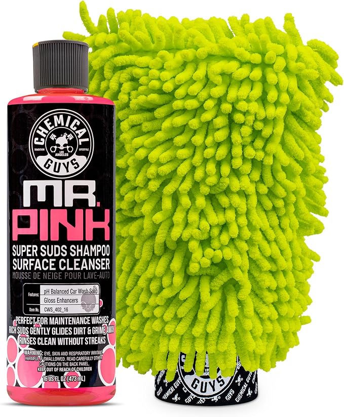 Mr. Pink Car Wash Soap & Chenille Wash Mitt Kit - 16 oz High Foaming Auto Shampoo with Plush Microfiber Mitt - Safe for Cars, Trucks, Motorcycles, and RVs - Scratch-Free Cleaning Combo