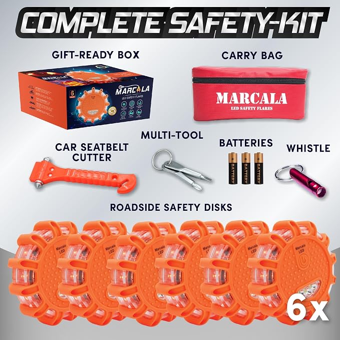 6‑Pack LED Road Flares | DOT Compliant Emergency Lights for Vehicles with Batteries, Whistle & Case | Flares Emergency Road | Emergency Flares | Perfect For Gifting or Everyday Roadside Safety
