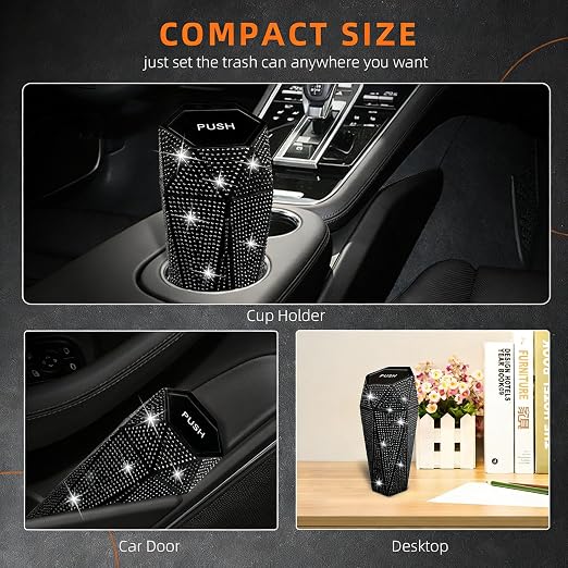Bling Car Trash Can with Lid, Bling Car Accessories Trash Bin, Leakproof Auto Garbage Can with 30 Trash Bags, Multipurpose Organizers and Storage for Home, Office (Black Diamond)