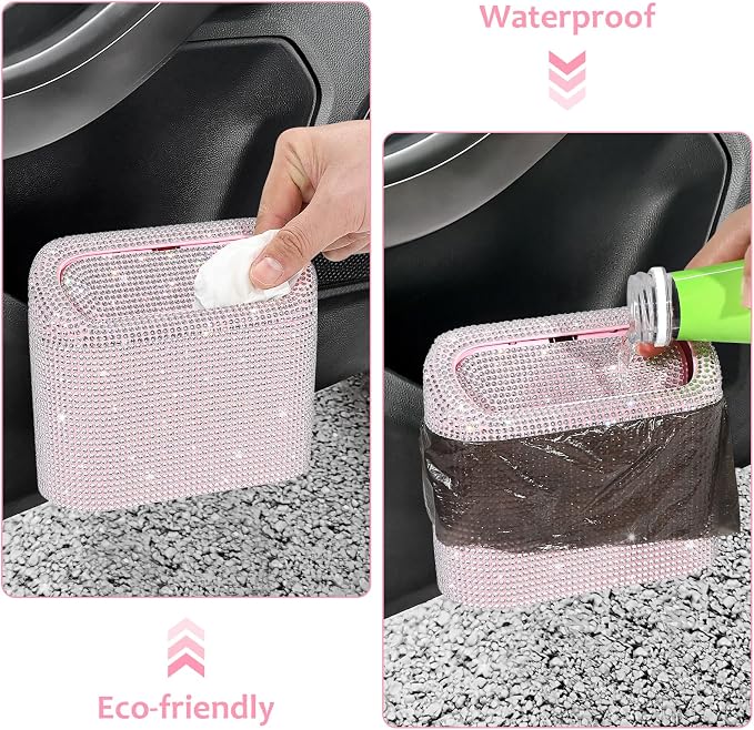 Bling Car Trash Can with Lid, Leakproof Mini Vehicle Trash Bin Automotive Dustbin Organizer Storage, Sparkling Crystal Rhinestone Trash Bag Container with 30pcs Garbage Bags Car Accessories